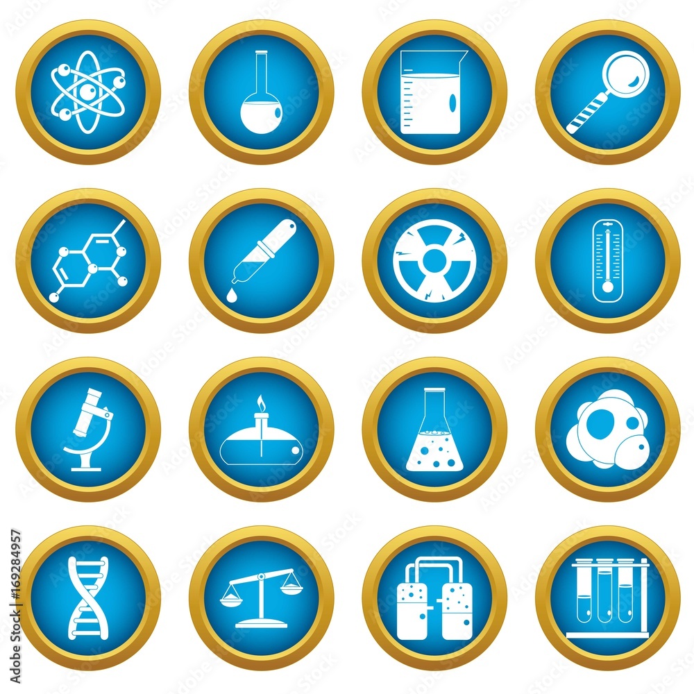 Chemical laboratory icons blue circle set