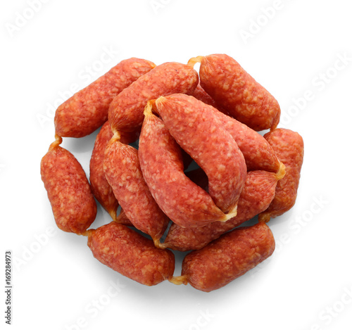 Smoked sausages on white background