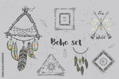 Beautiful boho elements set . buffalo skull, arrows, feathers and flowers