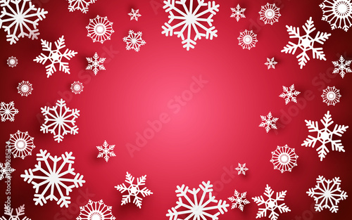 Merry Christmas and Happy new year. Abstract snowflakes with white frame on red background