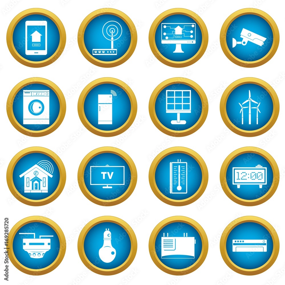 Smart home house icons blue circle set