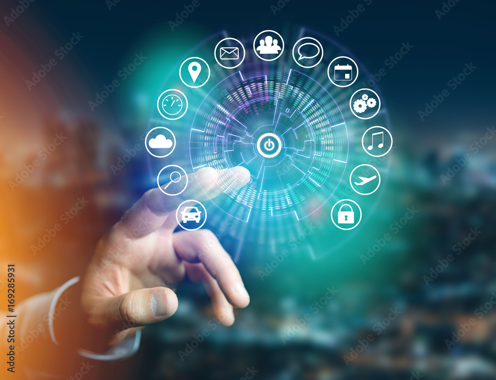 Home button of a technology interface surrounded by application - technology app concept Home button of a technology interface surrounded by application - technology app concept