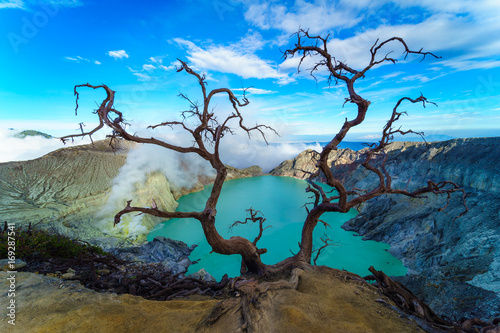 Beautiful Landscape mountain and green lake in the morning at Kawah Ijen volcano , East Java, Indonesia