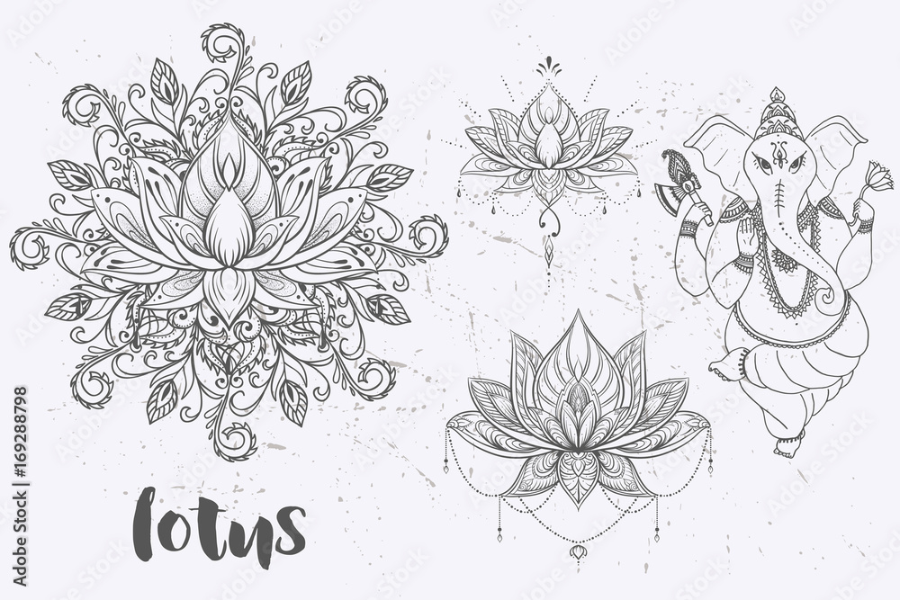 Mandala set and other elements. Vector. Mandala tattoo. , boho style, kaleidoscope, medallion, yoga, india, Arabic. circular pattern, sketch for tattoo Stock Vector