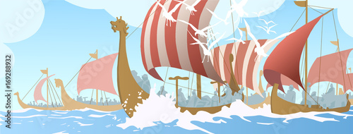 Illustration of viking ships navigating on sea