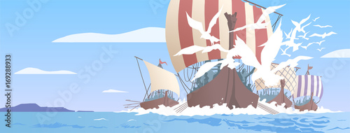 Illustration of viking ships navigating on sea