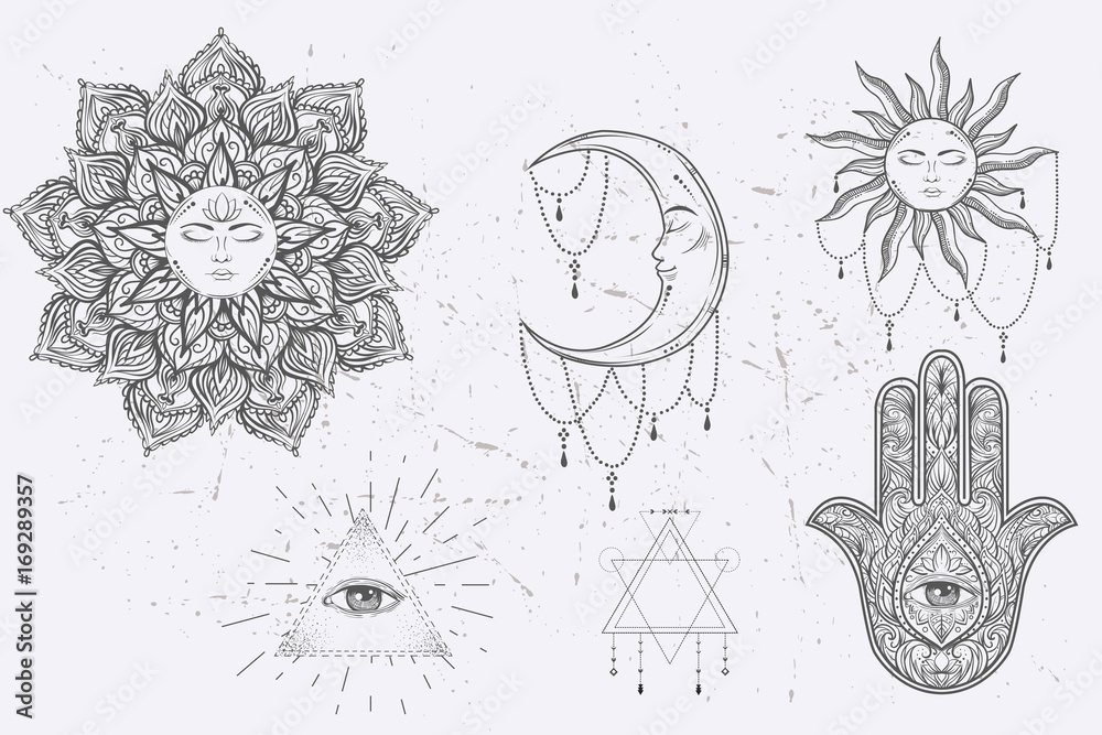 Mandala set and other elements. Vector. Mandala tattoo. , boho style, kaleidoscope, medallion, yoga, india, Arabic. circular pattern, sketch for tattoo Векторный объект Stock