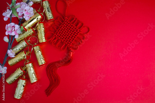 chinese new year festival decorations plum flowers on red with copy space