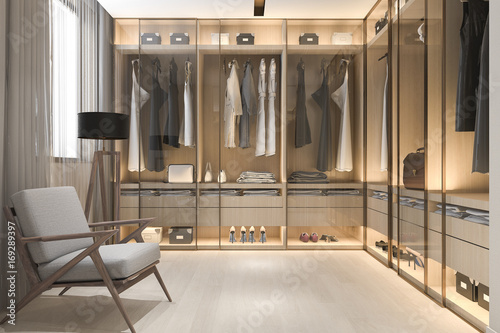 3d rendering minimal scandinavian wood walk in closet with wardrobe photo