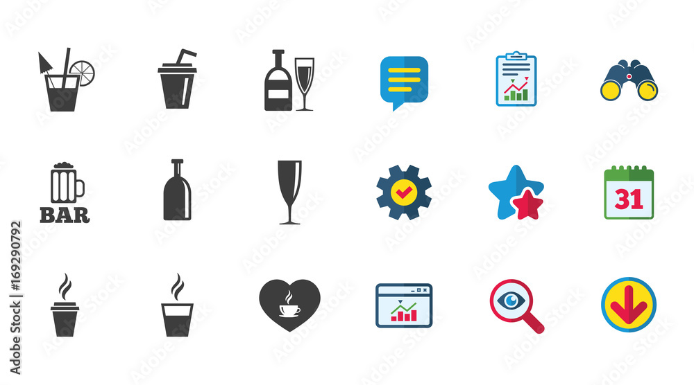 Beer, coffee and tea icons. Alcohol drinks. Beer, coffee and tea icons. Alcohol drinks.
