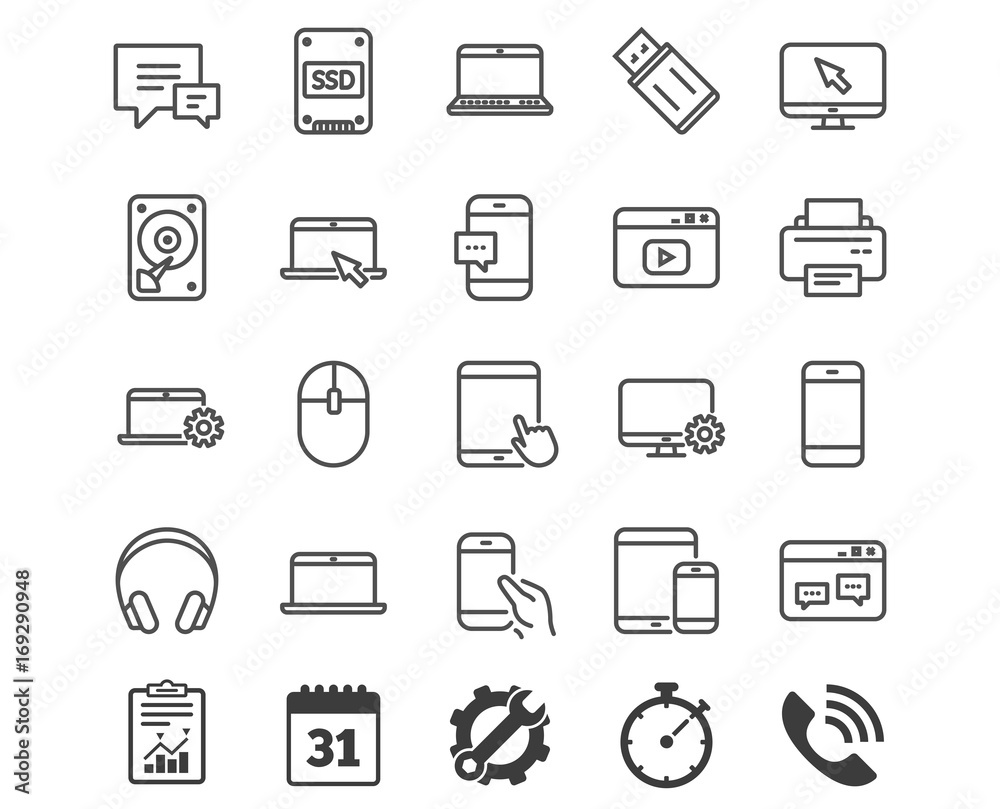 Mobile Devices line icons. Laptop, SSD and HDD. Mobile Devices line icons. Laptop, SSD and HDD.