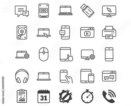 Mobile Devices line icons. Laptop, SSD and HDD.