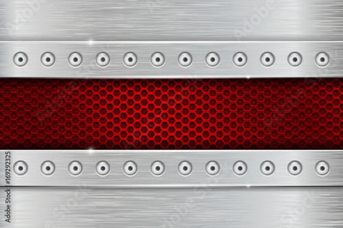 Metal texture with brushed iron plate with rivets and red perforation
