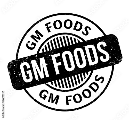 Gm Foods rubber stamp. Grunge design with dust scratches. Effects can be easily removed for a clean, crisp look. Color is easily changed.