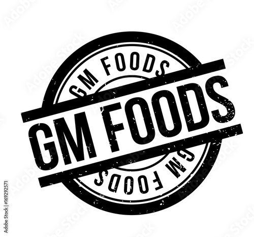 Gm Foods rubber stamp. Grunge design with dust scratches. Effects can be easily removed for a clean, crisp look. Color is easily changed.
