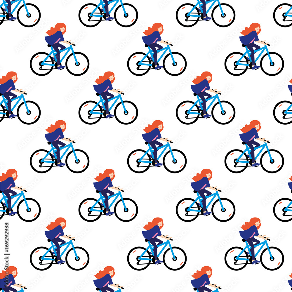 Naklejka premium Vector seamless pattern with girls riding bicycle