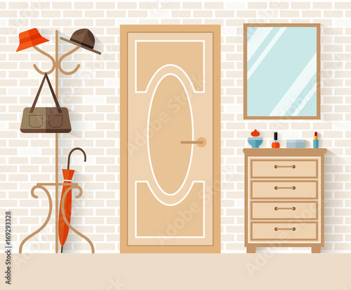 Interior design of the hallway in flat style. Vector illustration. Decoration of the entrance area. Anteroom.