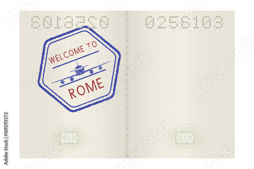 Passport pages with Welcome to Rome stamp. Tourist sign