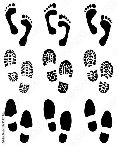 Black prints of human feet and shoes on a white background