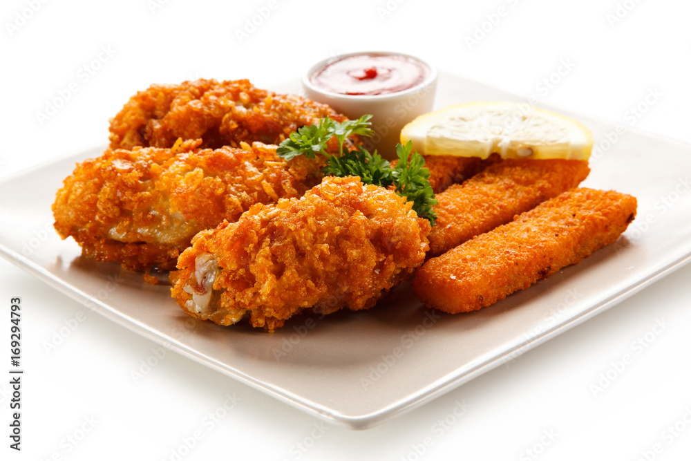 Fried fish fingers with chicken nuggets Fried fish fingers with chicken nuggets