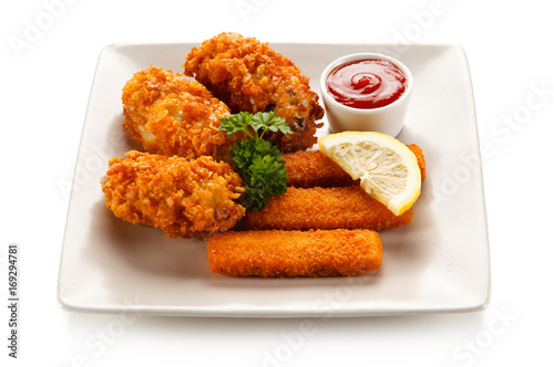 Fried fish fingers with chicken nuggets