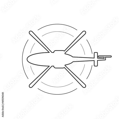 Black isolated outline icon of helicopter on white background. Line Icon of above view of helicopter.