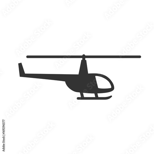 Black isolated silhouette of helicopter on white background. Icon of side view of helicopter.