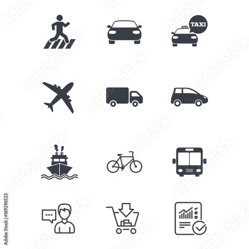 Transport icons. Car, bike, bus and taxi signs.
