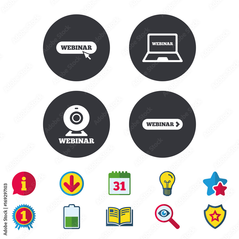 Webinar icons. Web camera and notebook pc signs. Webinar icons. Web camera and notebook pc signs.