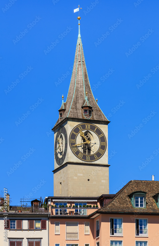 Clock tower of the St. Peter Church in the city of Zurich, Switzerland Clock tower of the St. Peter Church in the city of Zurich, Switzerland