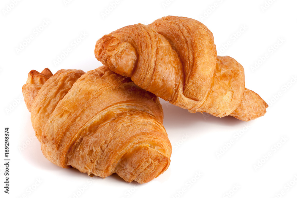 two croissant isolated on white background closeup two croissant isolated on white background closeup
