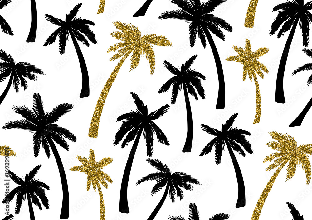 Seamless pattern with trendy tropical summer motifs, exotic leaves and plants.