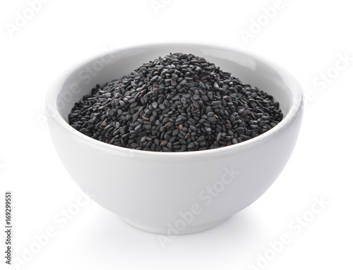Black sesame in a bowl on white background
