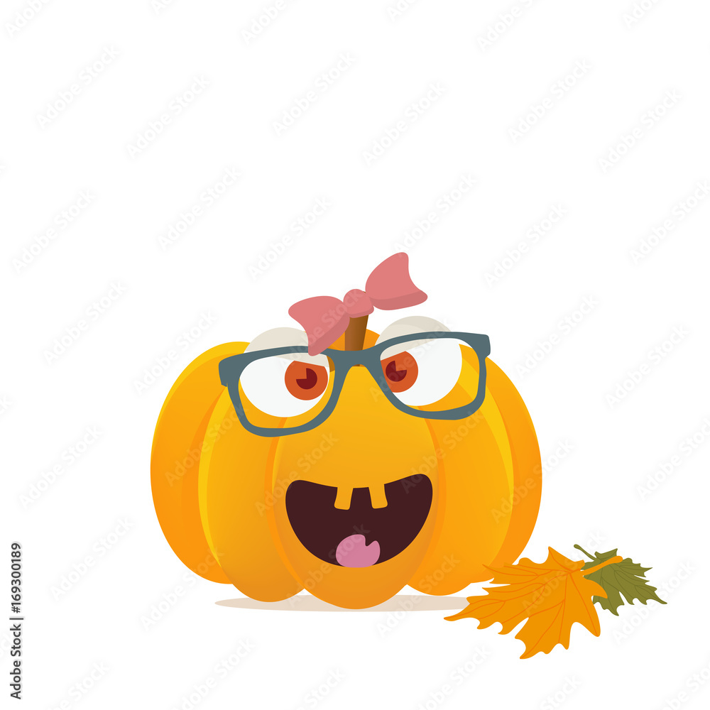 Fototapeta premium Fall or Autumn Fest or Festival Pumpkin or squash character with girly face and hair bow on. Great as a mascot for Harvest Feast. Could be also used for Halloween evening materials.