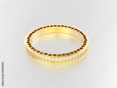 3D illustration yellow gold eternity band ring with diamonds and hearts with reflection on a grey background