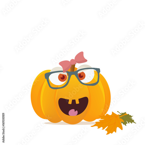 Fall or Autumn Fest or Festival Pumpkin or squash character with girly face and hair bow on. Great as a mascot for Harvest Feast. Could be also used for Halloween evening materials.
