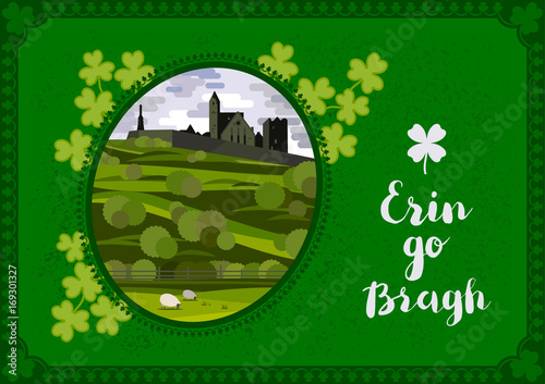 Vector greeting card. Irish landscape with Cashel Castle, clover leaves and lettering quote.