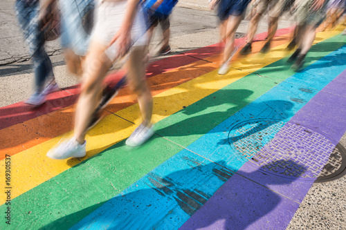 Leinwand Poster Gay pride flag crosswalk in Montreal gay village