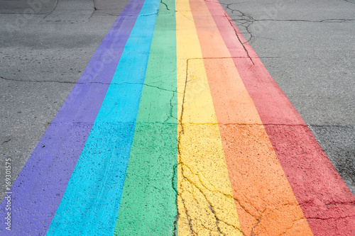 Stampa su tela Gay pride flag crosswalk in Montreal gay village