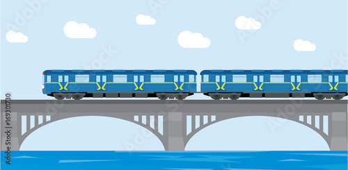 Subway train Metro on bridge. Flat Vector Illustration.