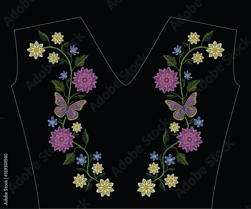 Fototapeta Naklejka Na Ścianę i Meble -  Embroidery stitches with dahlia, hepatica flower and butterflies in pastel color. Vector fashion ornament on black background for traditional floral decoration. Pattern for textile and fabrics.