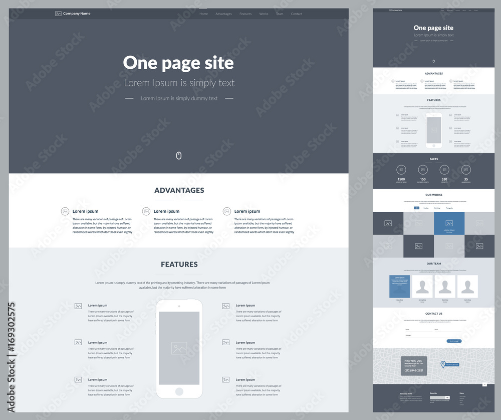 One page website design template for business. Landing page wireframe. Flat modern responsive design. Ux ui website: about us, advantages, features, facts, works, gallery, team, contacts, email, form. One page website design template for business. Landing page wireframe. Flat modern responsive design. Ux ui website: about us, advantages, features, facts, works, gallery, team, contacts, email, form.