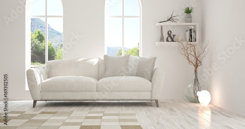 Idea of white room with sofa and summer landscape in window. Scandinavian interior design. 3D illustration