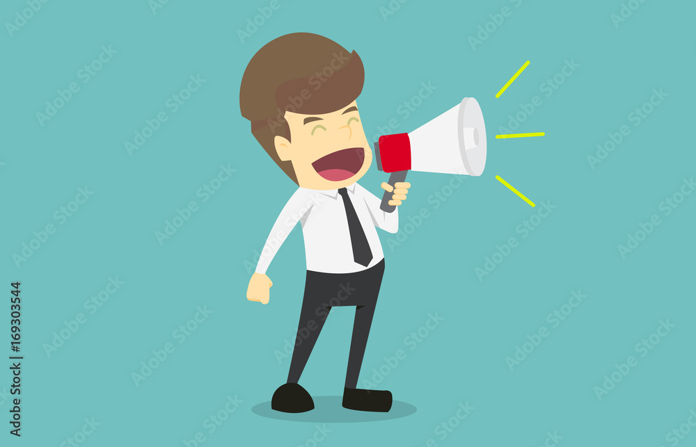 Businessman talking into megaphone. Make an announcement.Cartoon of business success is the concept of the man characters business, the mood of people, can be used as a background. vector illustration Businessman talking into megaphone. Make an announcement.Cartoon of business success is the concept of the man characters business, the mood of people, can be used as a background. vector illustration