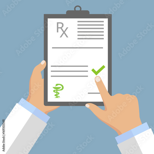 Doctor with prescription on a blue background
