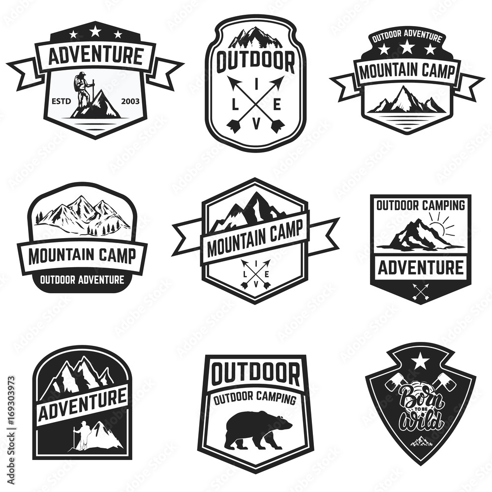 Obraz premium Set of hiking badges isolated on white background. Camping, outdoor ,adventure.