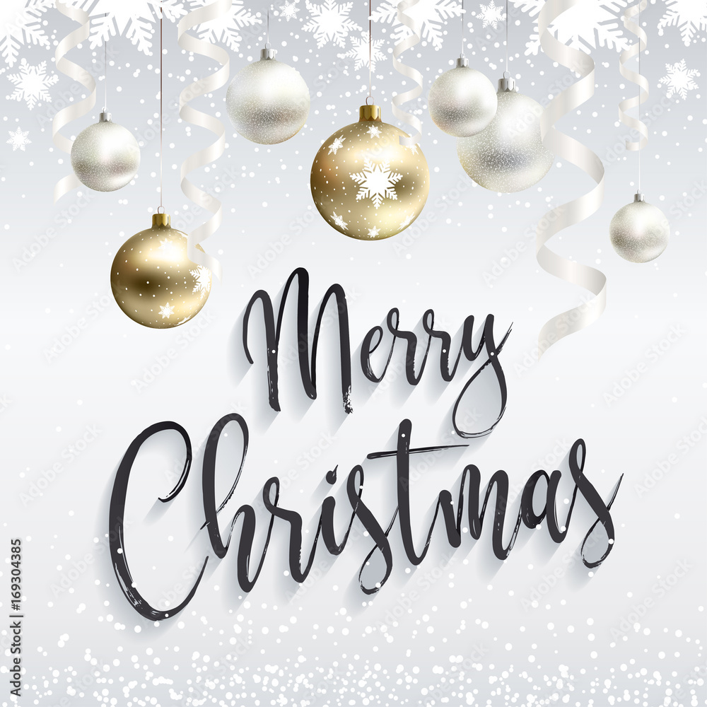 Festive Christmas banner. Merry Christmas. Christmas gold balls