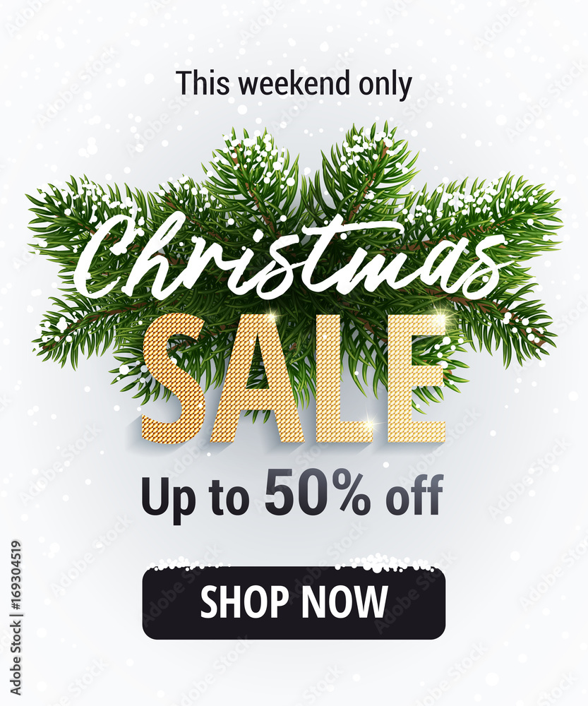 The Christmas sale. Discounts up to 50 percent. Banner for website. Realistic vector. Black, green, gold and white colors. Festive new year design template. Text on Christmas tree branches.