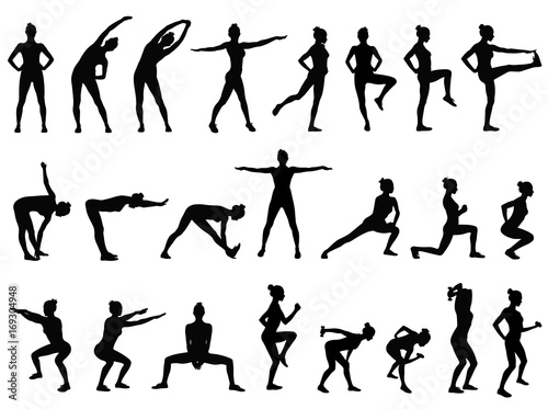 Set of silhouettes of woman doing sport exercises in standing positions.
