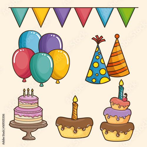 Cake balloons pennant and party hat of Happy birthday and celebration theme Vector illustration